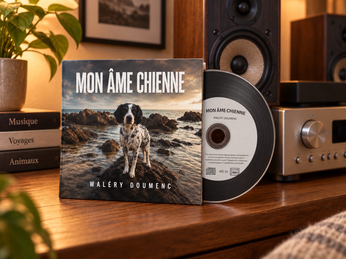 Le CD « Mon âme chienne » de Waléry Doumenc, posé devant une chaîne hi-fi